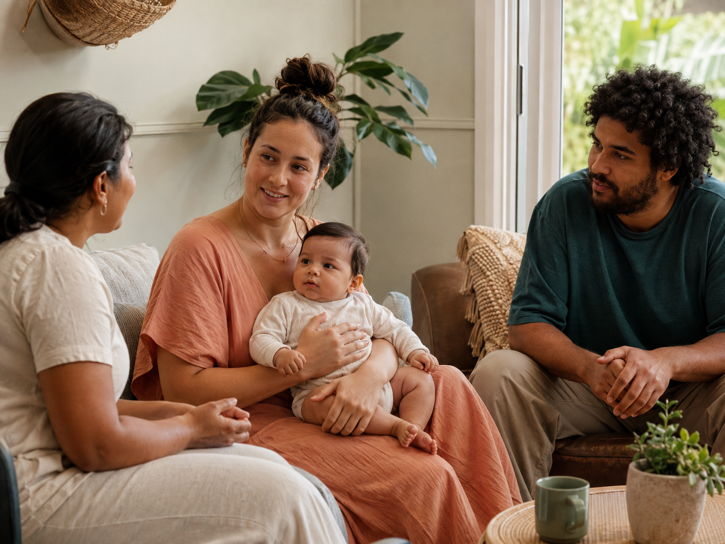 A mother, baby, co-parent and support person participating in a warm community discussion